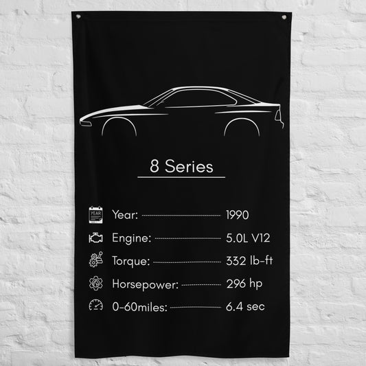 BMW 8 Series 1990 car silhouette spec flag - White Brick Wall