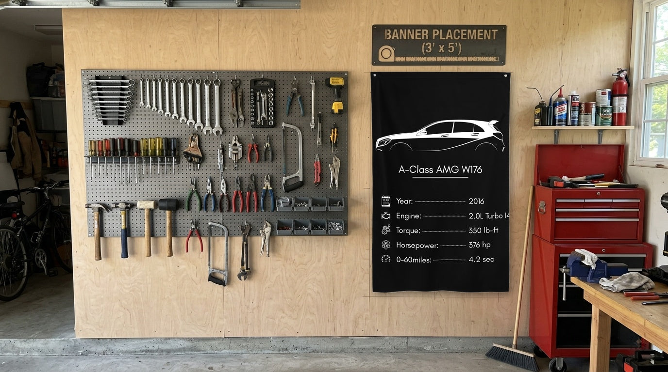 Mercedes-Benz A-Class AMG W176 2016 car silhouette spec flag - Garage Plywood Wall