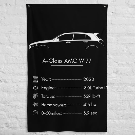 Mercedes-Benz A-Class AMG W177 2020 car silhouette spec flag - White Brick Wall
