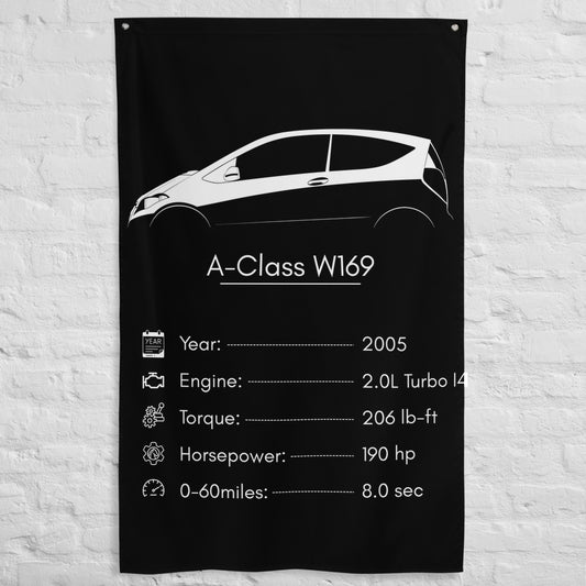 Mercedes-Benz A-Class W169 2005 car silhouette spec flag - White Brick Wall