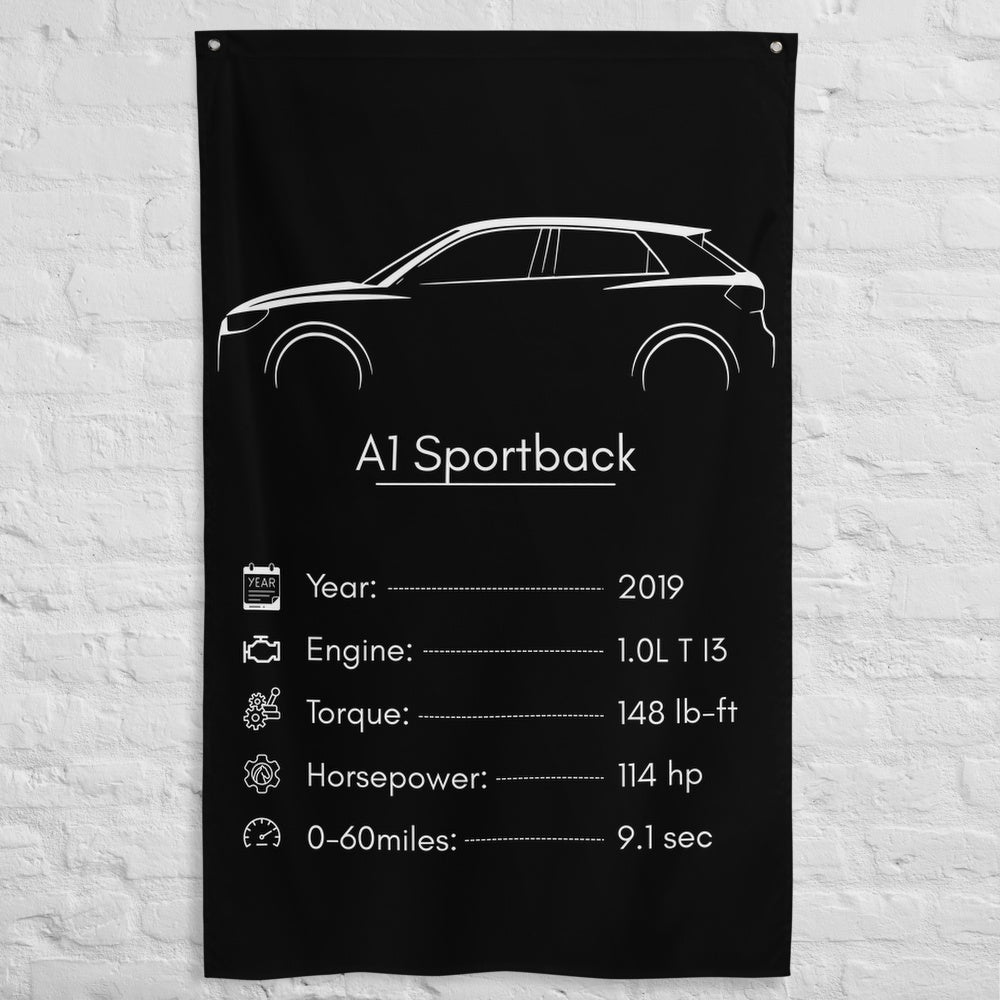 Audi A1 Sportback 2019 car silhouette spec flag - White Brick Wall