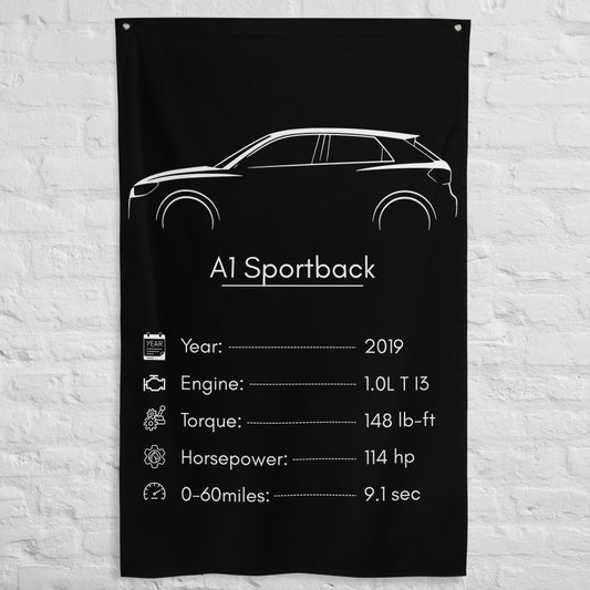 Audi A1 Sportback 2019 car silhouette spec flag - White Brick Wall