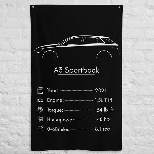 Audi A3 Sportback 2021 car silhouette spec flag - White Brick Wall