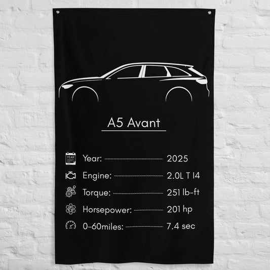 Audi A5 Avant 2025 car silhouette spec flag - White Brick Wall