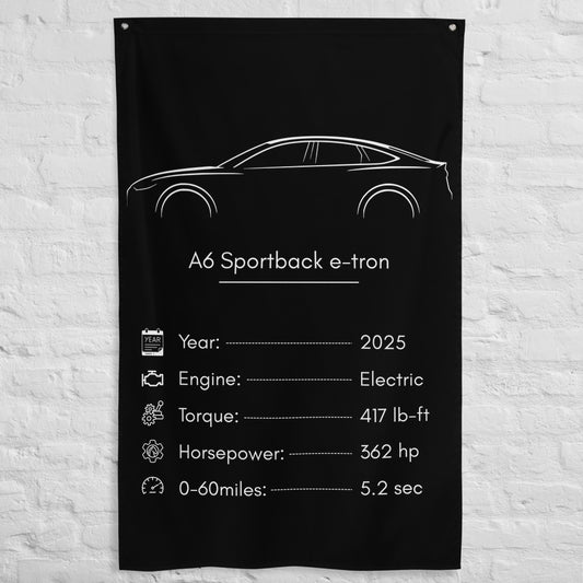Audi A6 Sportback e-tron 2025 car silhouette spec flag - White Brick Wall