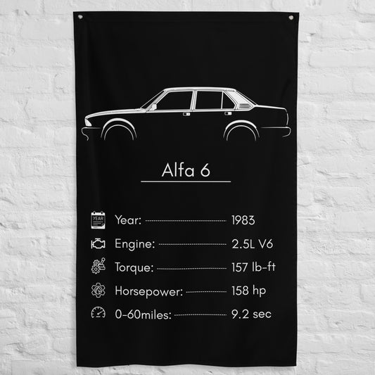 Alfa Romeo Alfa 6 1983 car silhouette spec flag - White Brick Wall