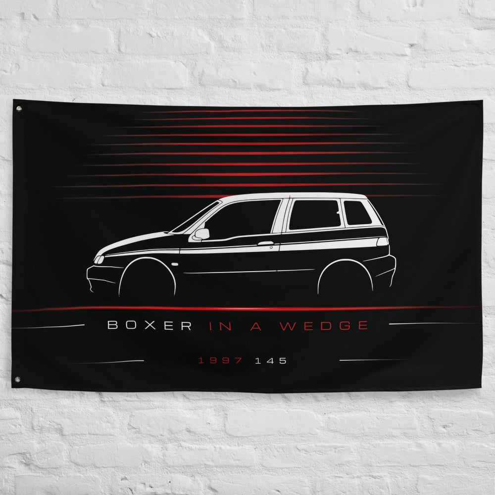 Alfa Romeo 145 1997 car silhouette flag - White Brick Wall