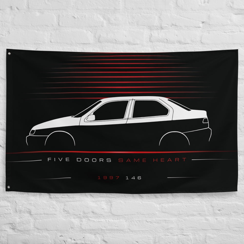 Alfa Romeo 146 1997 car silhouette flag - White Brick Wall
