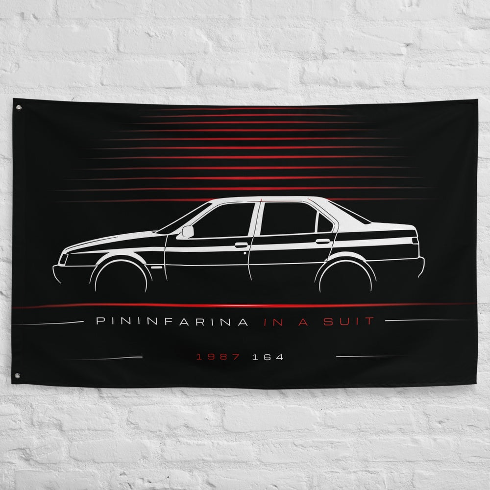 Alfa Romeo 164 1987 car silhouette flag - White Brick Wall