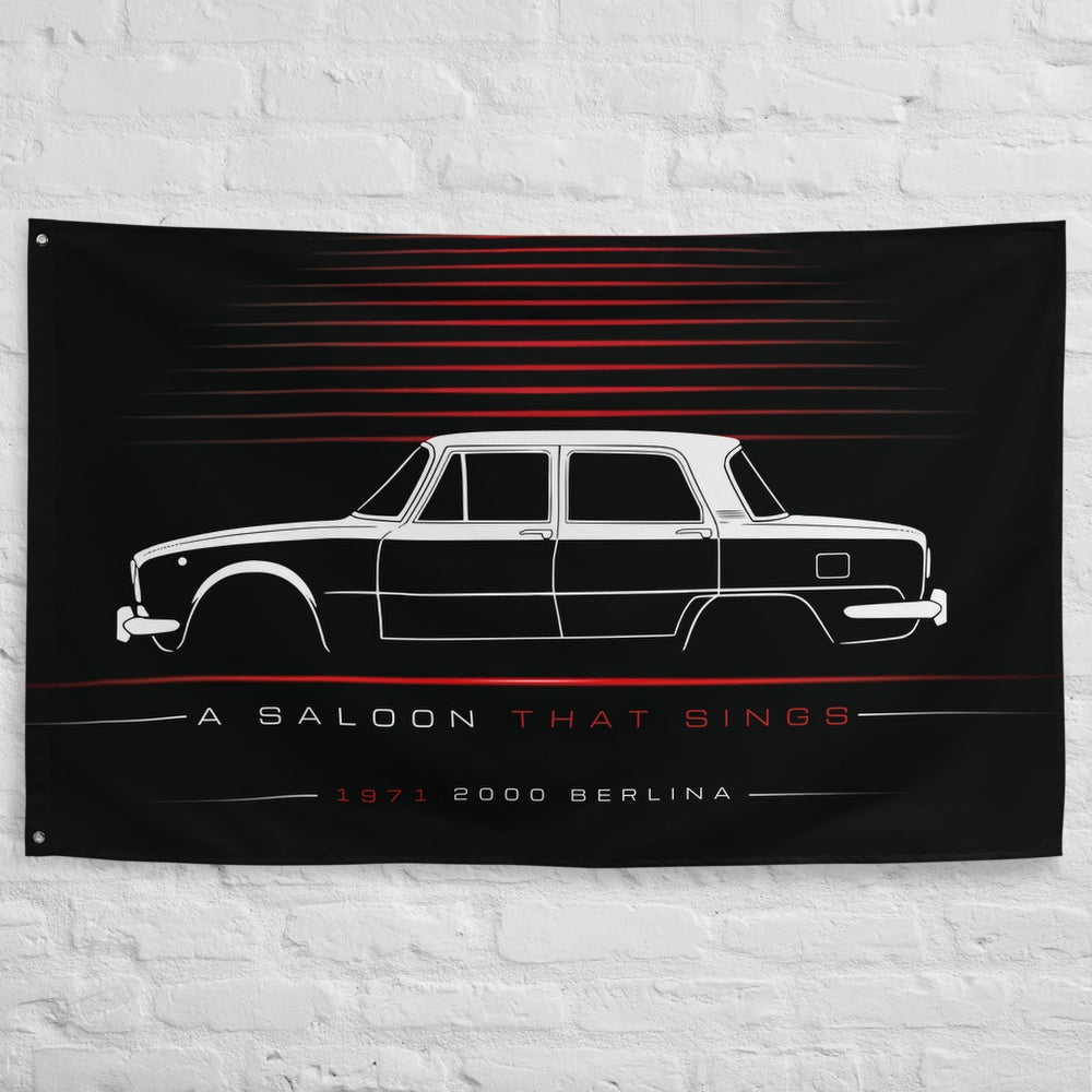 Alfa Romeo 2000 Berlina 1971 car silhouette flag - White Brick Wall