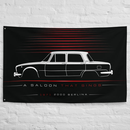 Alfa Romeo 2000 Berlina 1971 car silhouette flag - White Brick Wall