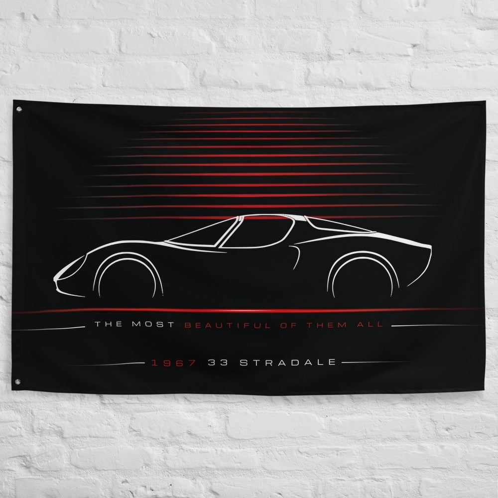 Alfa Romeo 33 Stradale 1967 car silhouette flag - White Brick Wall
