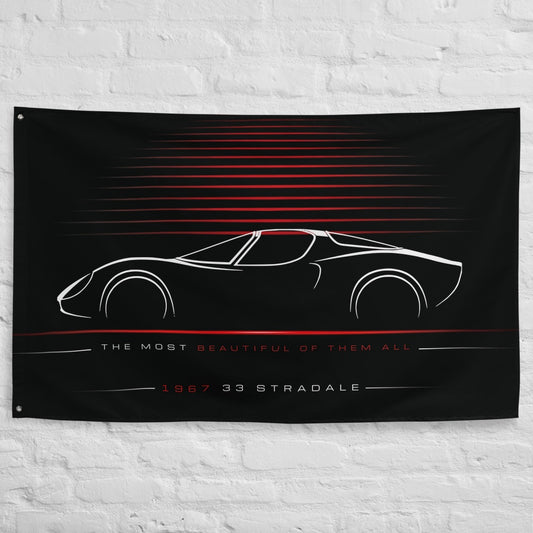 Alfa Romeo 33 Stradale 1967 car silhouette flag - White Brick Wall