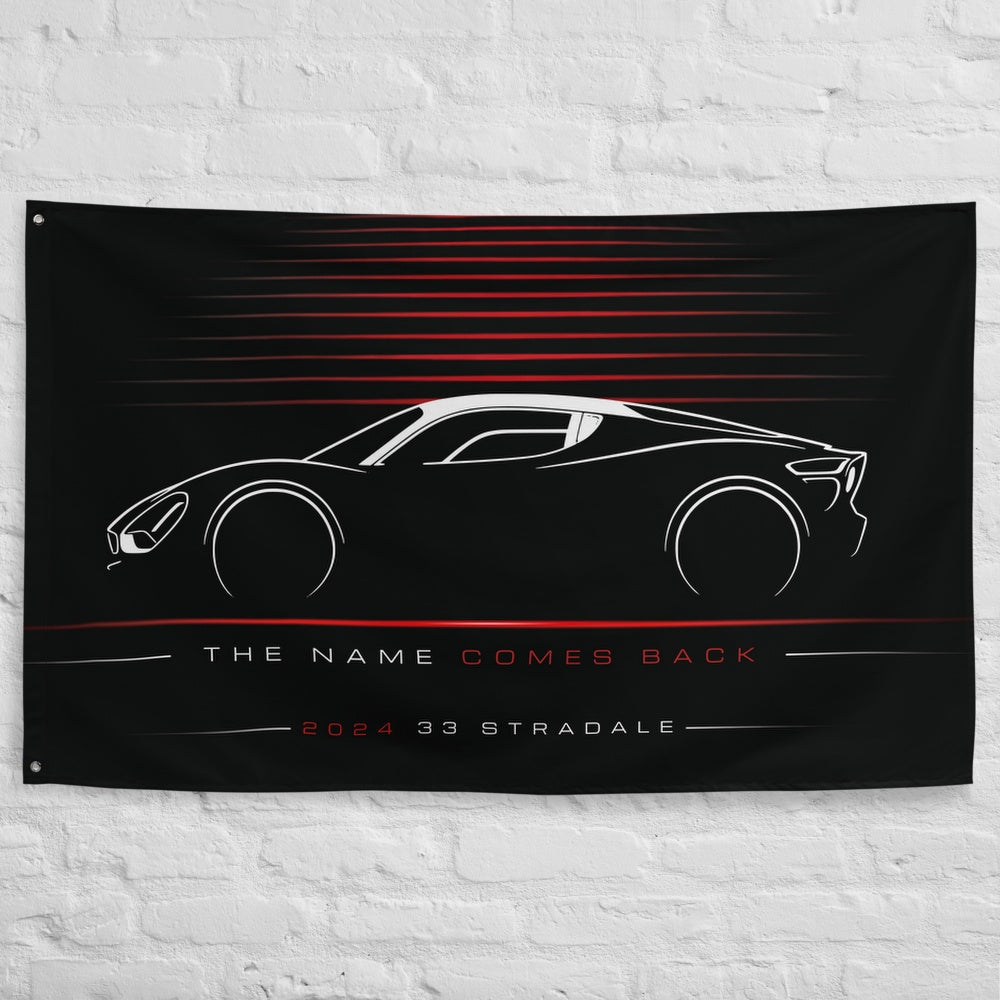 Alfa Romeo 33 Stradale 2024 car silhouette flag - White Brick Wall