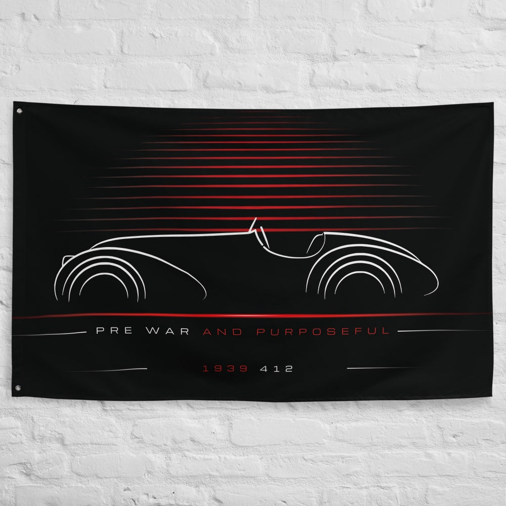 Alfa Romeo 412 1939 car silhouette flag - White Brick Wall