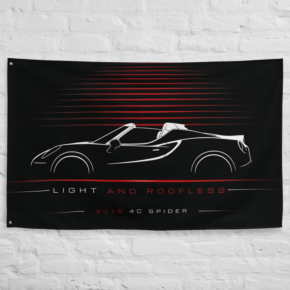Alfa Romeo 4C Spider 2015 car silhouette flag - White Brick Wall