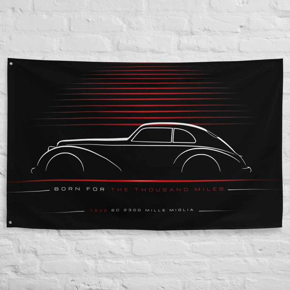 Alfa Romeo 6C 2300 Mille Miglia 1938 car silhouette flag - White Brick Wall