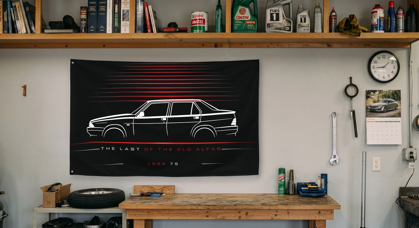 Alfa Romeo 75 1988 car silhouette flag - Garage Workbench