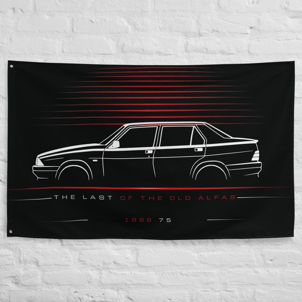 Alfa Romeo 75 1988 car silhouette flag - White Brick Wall