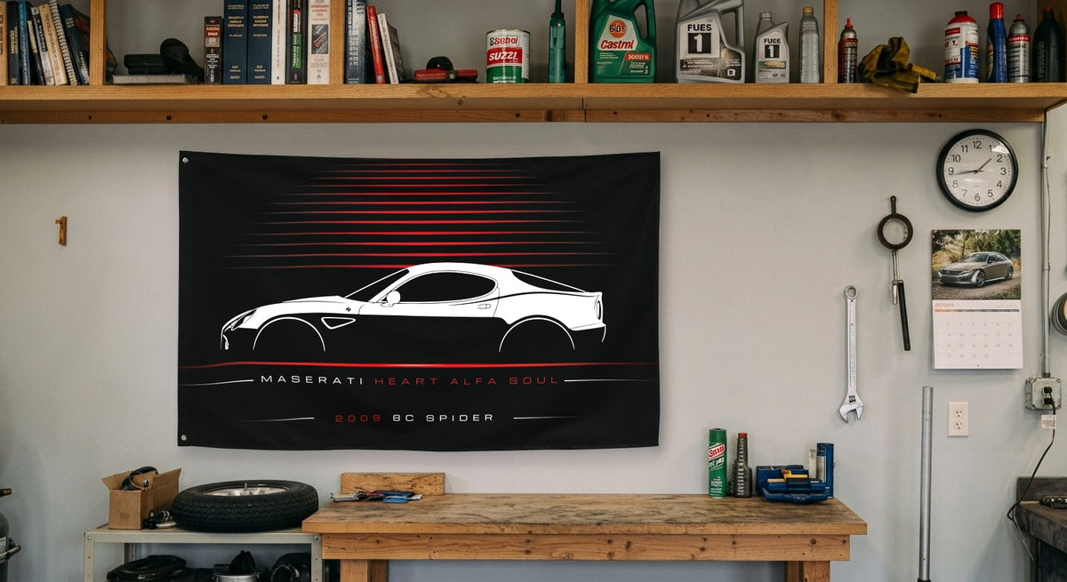 Alfa Romeo 8C Spider 2009 car silhouette flag - Garage Workbench