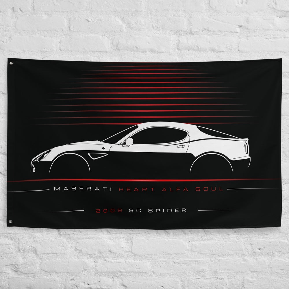 Alfa Romeo 8C Spider 2009 car silhouette flag - White Brick Wall