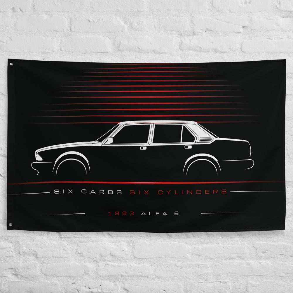 Alfa Romeo Alfa 6 1983 car silhouette flag - White Brick Wall