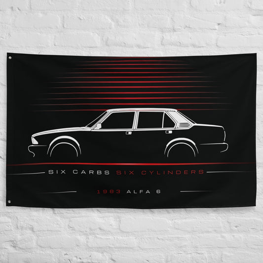 Alfa Romeo Alfa 6 1983 car silhouette flag - White Brick Wall