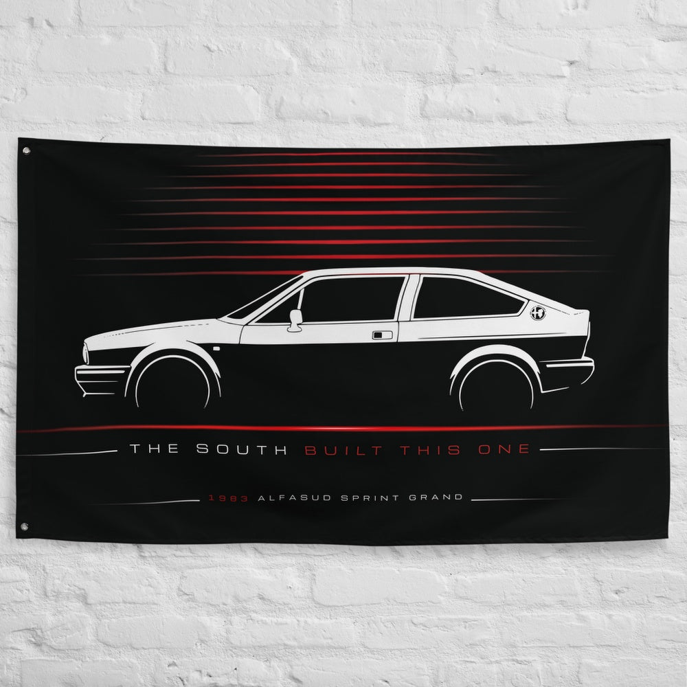 Alfa Romeo Alfasud Sprint Grand Prix 1983 car silhouette flag - White Brick Wall