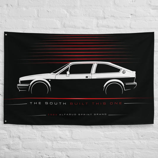 Alfa Romeo Alfasud Sprint Grand Prix 1983 car silhouette flag - White Brick Wall