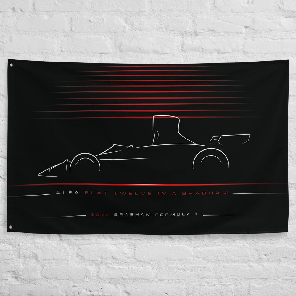Alfa Romeo Brabham Formula 1 1976 car silhouette flag - White Brick Wall