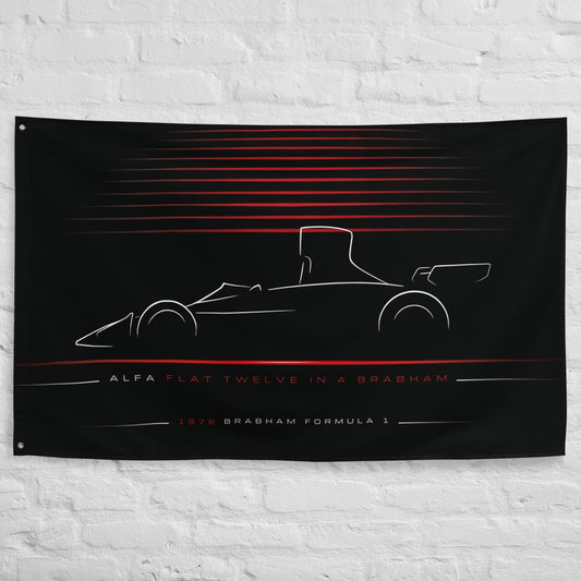 Alfa Romeo Brabham Formula 1 1976 car silhouette flag - White Brick Wall