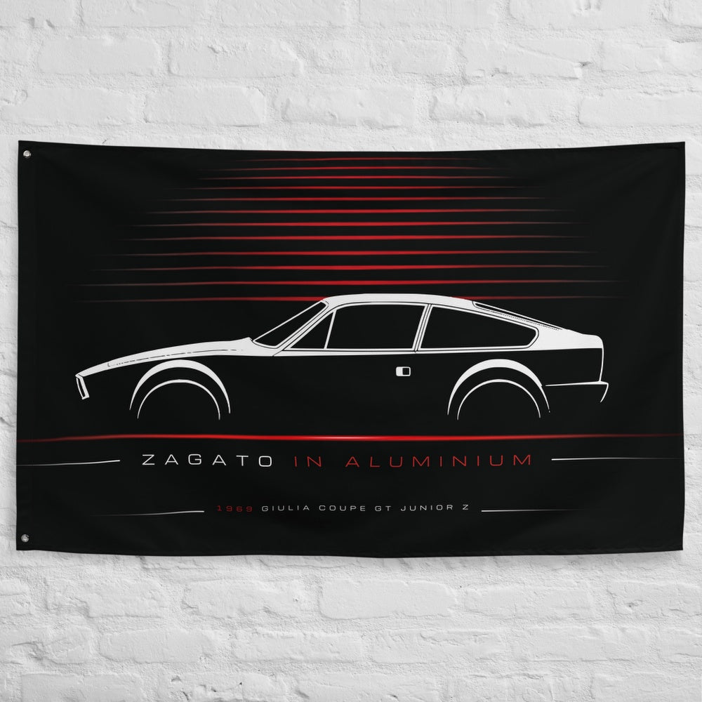 Alfa Romeo Giulia Coupe GT Junior Z 1969 car silhouette flag - White Brick Wall