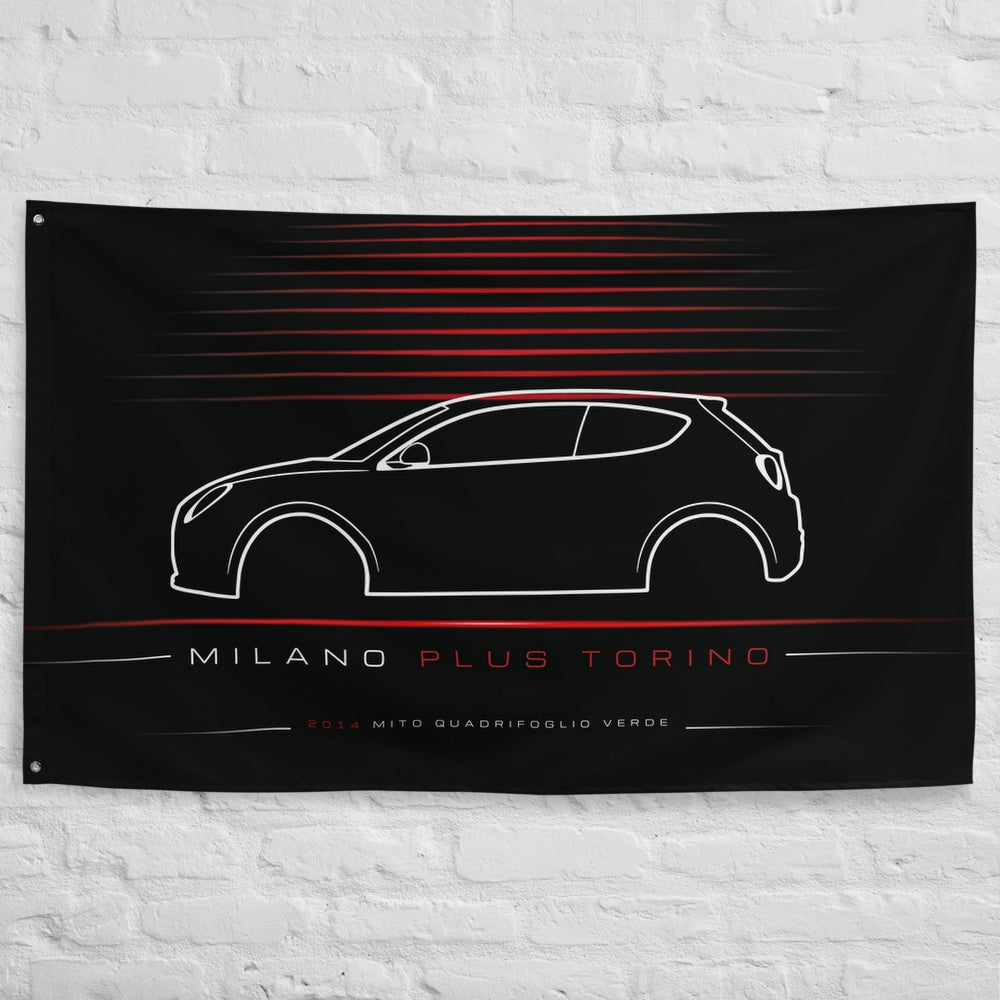 Alfa Romeo MiTo Quadrifoglio Verde 2014 car silhouette flag - White Brick Wall