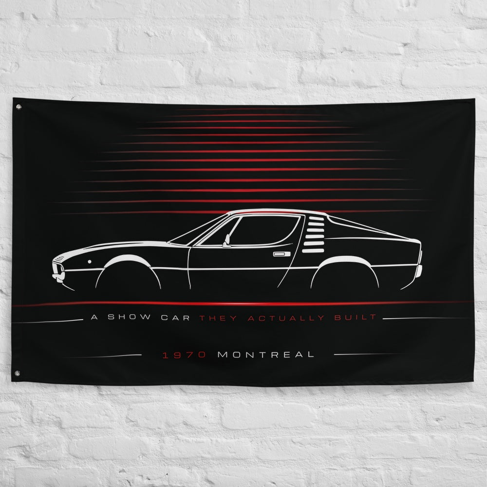 Alfa Romeo Montreal 1970 car silhouette flag - White Brick Wall