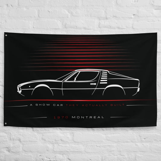 Alfa Romeo Montreal 1970 car silhouette flag - White Brick Wall