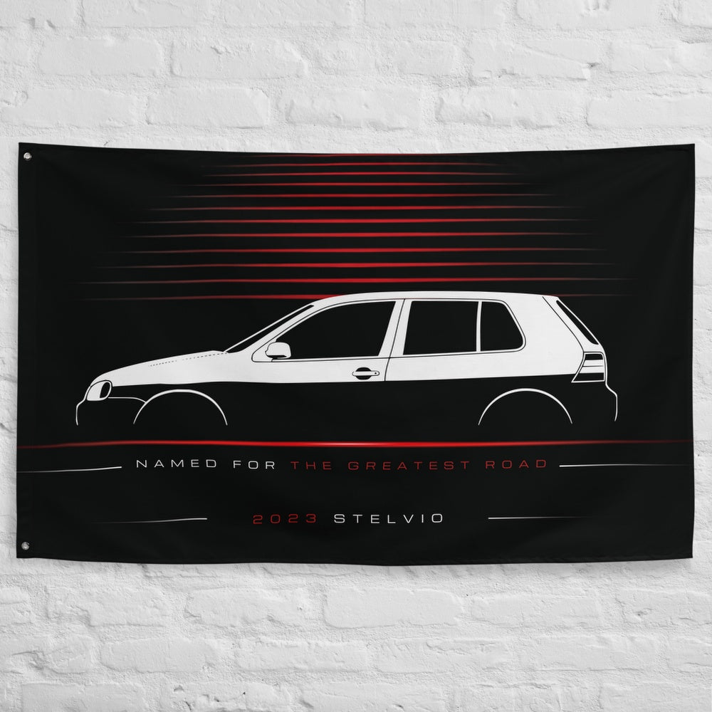 Alfa Romeo Stelvio 2023 car silhouette flag - White Brick Wall
