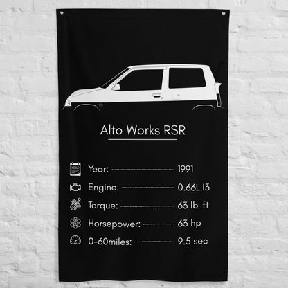 Suzuki Alto Works RSR 1991 car silhouette spec flag - White Brick Wall