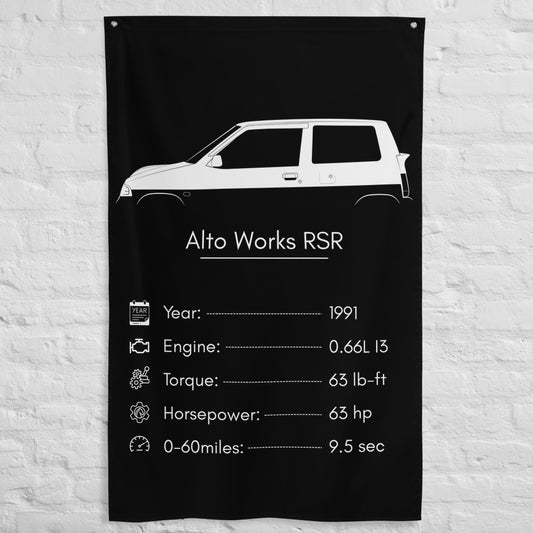 Suzuki Alto Works RSR 1991 car silhouette spec flag - White Brick Wall