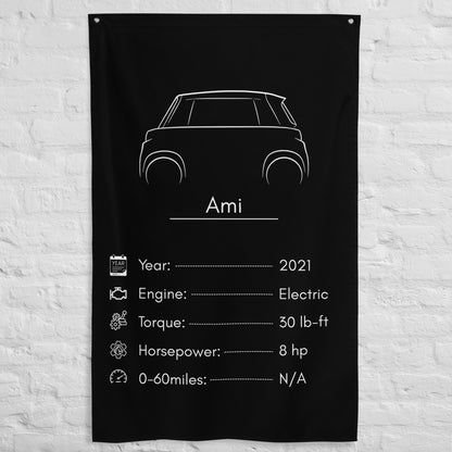 Citroen Ami 2021 car silhouette spec flag - White Brick Wall