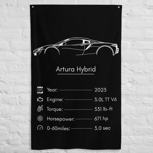 McLaren Artura Hybrid 2023 car silhouette spec flag - White Brick Wall