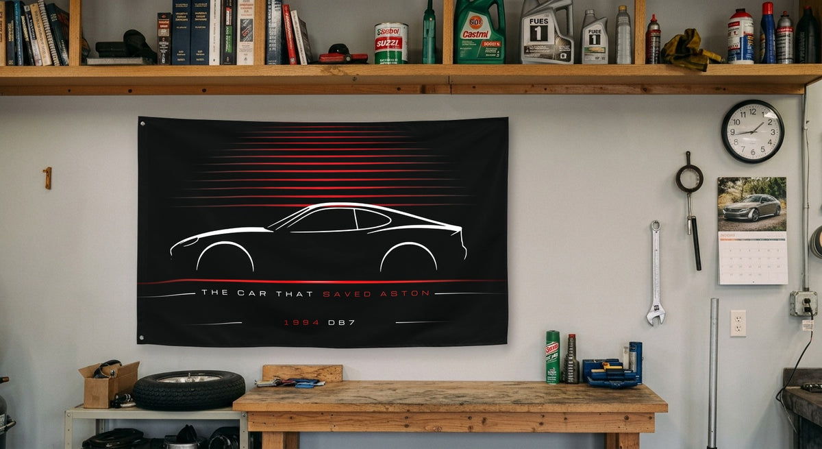 Aston Martin DB7 1994 car silhouette flag - Garage Workbench