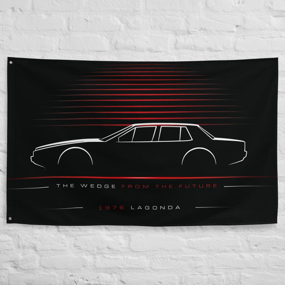 Aston Martin Lagonda 1976 car silhouette flag - White Brick Wall