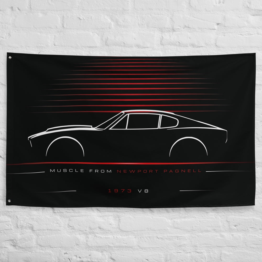 Aston Martin V8 1973 car silhouette flag - White Brick Wall