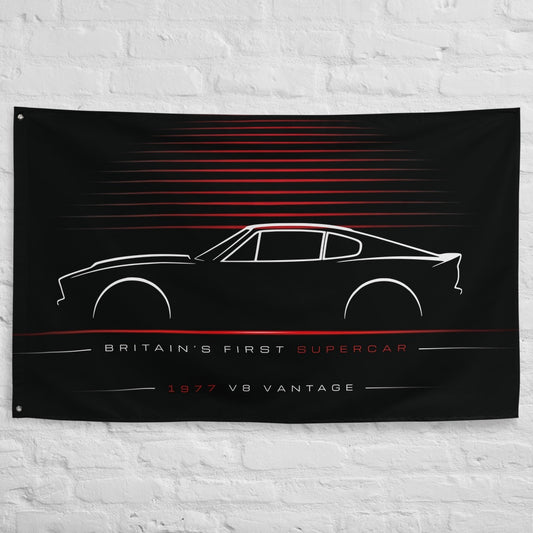 Aston Martin V8 Vantage 1977 car silhouette flag - White Brick Wall