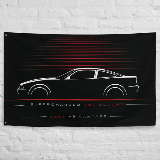 Aston Martin V8 Vantage 1992 car silhouette flag - White Brick Wall