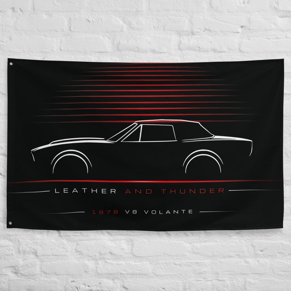 Aston Martin V8 Volante 1978 car silhouette flag - White Brick Wall