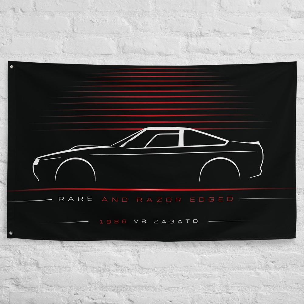Aston Martin V8 Zagato 1986 car silhouette flag - White Brick Wall