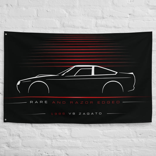 Aston Martin V8 Zagato 1986 car silhouette flag - White Brick Wall