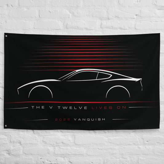 Aston Martin Vanquish 2025 car silhouette flag - White Brick Wall