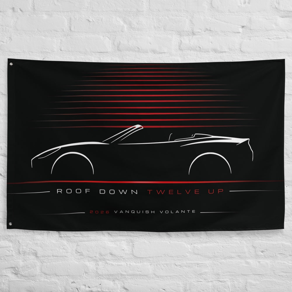 Aston Martin Vanquish Volante 2026 car silhouette flag - White Brick Wall